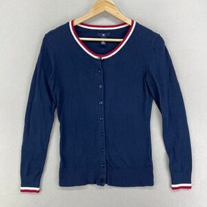 GAP‎ Cardigan Sweater Womens XS Blue Red White Striped Button Front Y2K Fitted